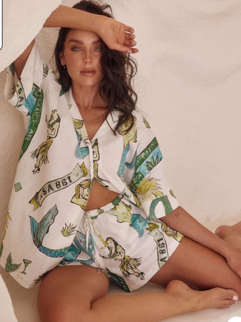 Relaxed White Button-Down Shirt with Green & Blue Print
